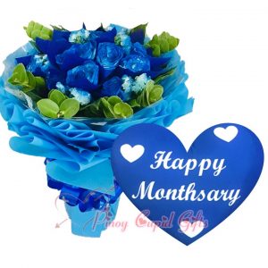 1 Dozen Blue Roses Bouquet, Blue, "Happy Monthsary" Pillow