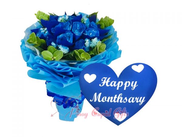 1 Dozen Blue Roses Bouquet, Blue, "Happy Monthsary" Pillow