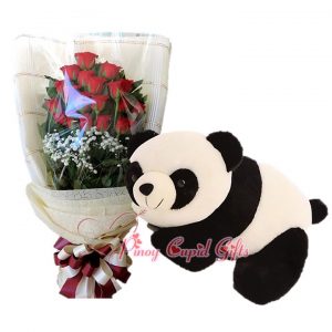 20 Imported Red Roses Bouquet, 14 inches Crawling Panda Bear
