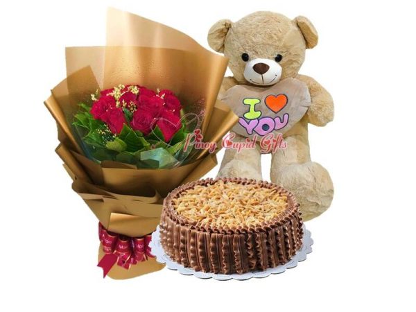 1 Dozen Red Roses Bouquet, 3 FT Beige Love Heart Bear & Almond Sans Rival Cake by Conti's