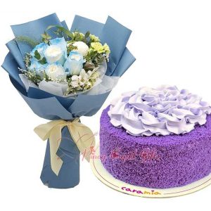 White/Blue Roses Bouquet & Ube Cake by Caramia