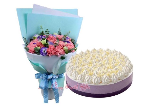 Mixed Carnations Bouquet & Ube Mousse Cake