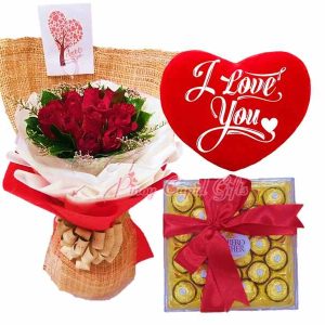 1 Dozen Red Roses Bouquet, 24 pcs Ferrero Rocher Chocolate, "I Love You" Pillow
