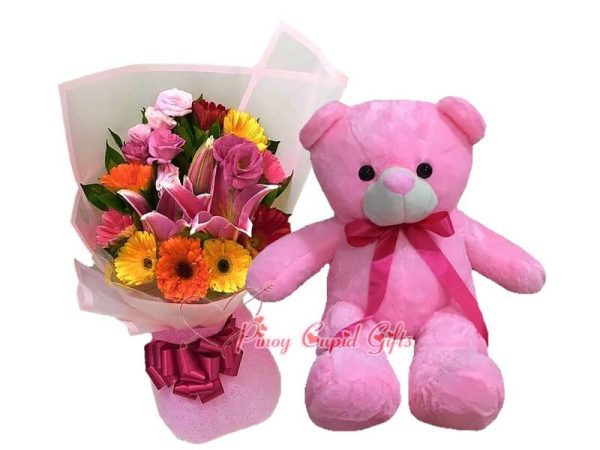 Mixed Flower Hand Bouquet, 2FT Pink Teddy Bear
