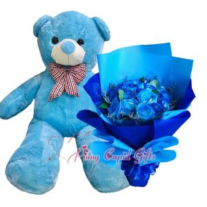 1 Dozen Blue Roses Bouquet, 2FT Bear