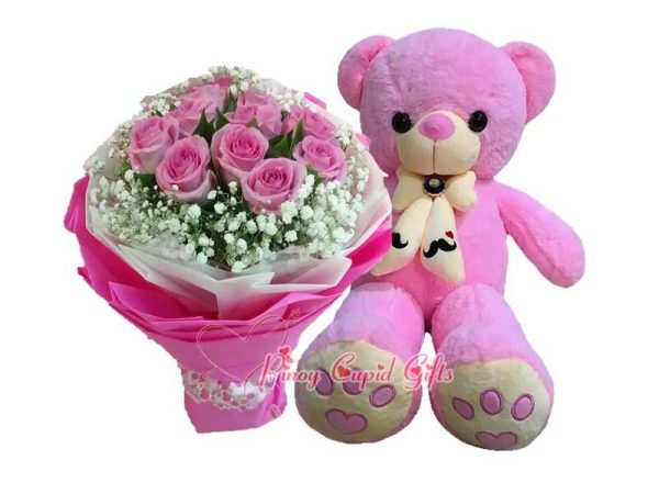 10 Imported Pink Roses Bouquet, 2FT Pink Bear