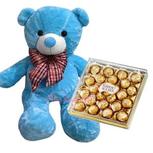 Blue 3FT Teddy Bear & 24pcs Ferrero Rocher Chocolate.