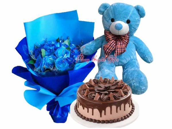 1 Dozen Blue Roses, 2 FT Blue Teddy Bear & Royal Fudge with Toblerone Cake