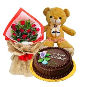 1 Dozen Red Roses, 2 FT Brown Teddy Bear, Chocolate Chiffon by Goldilocks
