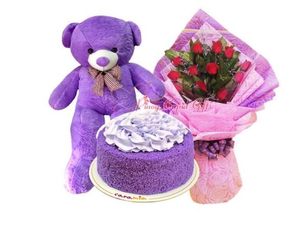 1 Dozen Roses, 4 FT Purple Life-Size Bear & Classic Ube Cake by Caramia