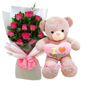 1 Dozen Pink Roses Bouquet, 3 FT Pink Teddy Bear