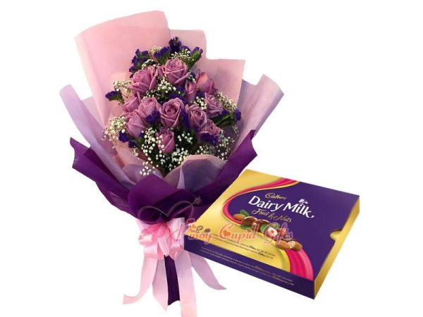 10 Imported Purple Roses Bouquet, Cadbury Chocolate-300g
