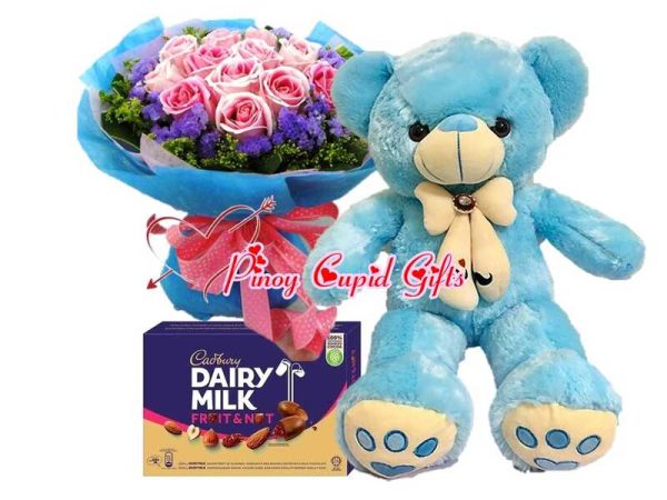 Imported pink roses 2ft blue teddy bear and cadbury choco