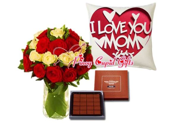 30 Mixed Imported Roses in Vase (20R,10W), Royce Mild Milk Chocolate, I Love You Mom” Pillow