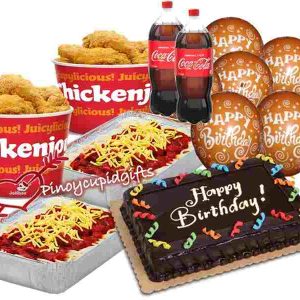 2 Buckets Jollibee Chicken Joy, 2 Jolly Spaghetti Family Pan, 8x12 Dedication Cake, 2x 1.5l drinks, 6 Birthday Balloons