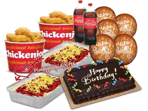 2 Buckets Jollibee Chicken Joy, 2 Jolly Spaghetti Family Pan, 8x12 Dedication Cake, 2x 1.5l drinks, 6 Birthday Balloons