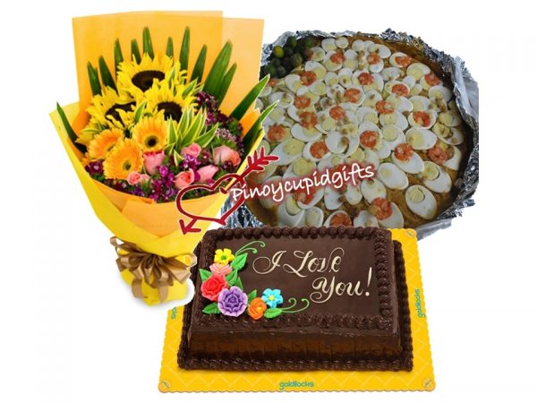 Sunflower/Gerberas Bouquet, Med Pancit Malabon, Goldilocks 8x12 Dedication cake