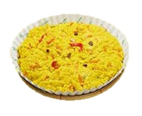 Bringhe-Pampangan-style Paella made with glutinous rice, chicken, curry powder, veggies, and coconut milk.