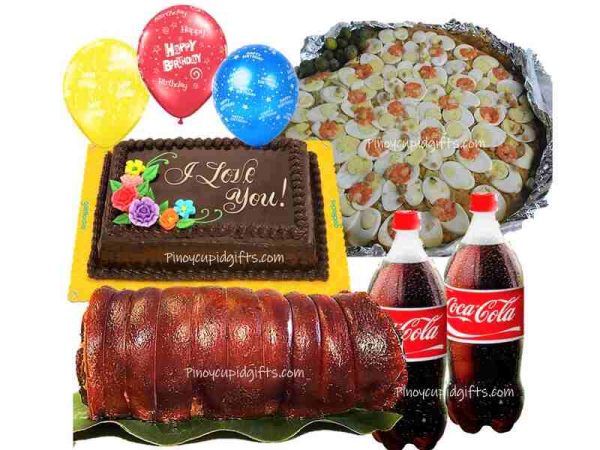 Lechon Belly, Pancit Malabon, GD Choco Dedication Cake, 2 x 1.5L Coke, 3 Free Balloons
