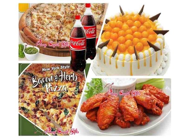 18" S&R Gourmet & Classic Pizzas, Chicken Wings, Mango Cake (Round) and 2×1.5L Coke