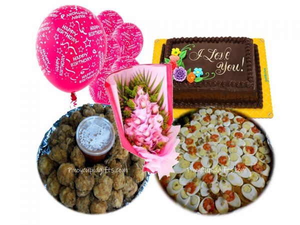 Amber Pancit Malabon Chicken Lollipops  Goldilocks 8×12 Cake 2 Dozen Pink Roses, 6 Pink Birthday Balloons