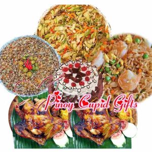 Baliwag Pancit Bihon, Baliwag Shangai Fried Rice, Baliwag Pork Sisig,  Baliwag  Lechon Manok, Goldilocks Black Forest Cake 