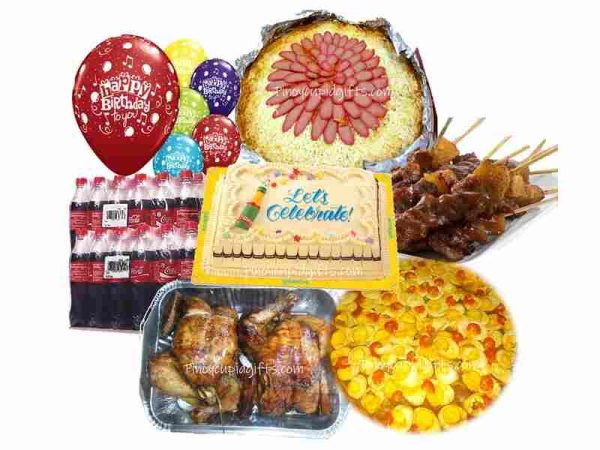 Pancit Malabon, Spaghetti w/Meat Sauce, 25 sticks Pork BBQ,  2 pcs Lechon Manok, Goldilocks Dedication Cake, 24pcs Coke, 6 Assorted Birthday Balloons