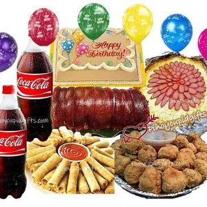 Boneless Lechon Belly-Barkada,  Spaghetti with Meat-Sauce, 30 Lollipops, 30 pcs Lumpiang Shanghai, 2 x 1.5l Coke, Goldilocks Dedication Cake, 6 Assorted Birthday Balloons