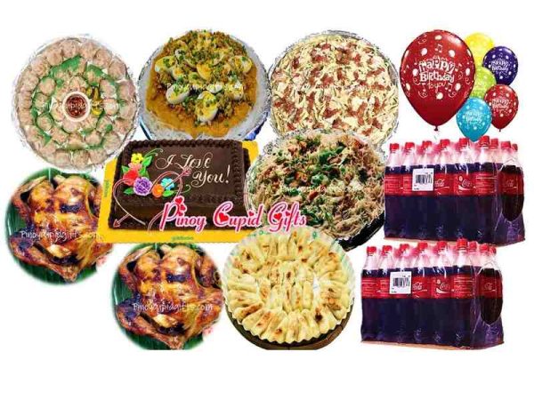Susie's Pancit Palabok-Big, Susie's Bihon Canton, Fetuccine, 100pcsMochi, 2 pcs Lechon Manok, 24 pcs Siomai, Goldilock Dedication Cake, 24x300ml Coke, 6 Assorted “Happy Birthday” Balloons