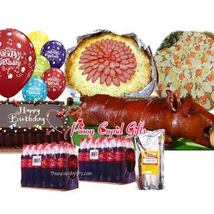 Lechon Small (8-10kg), Pancit Malabon-Large, Spaghetti-Large, Red Ribbon Dedication cake, 5 Assorted Birthday Balloons, 24x300ml coke