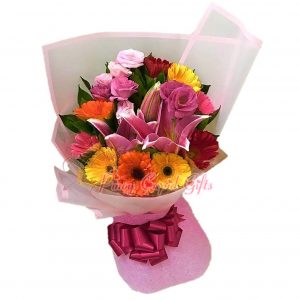 Mixed Carnations, Gerberas, roses, lilies bouquet