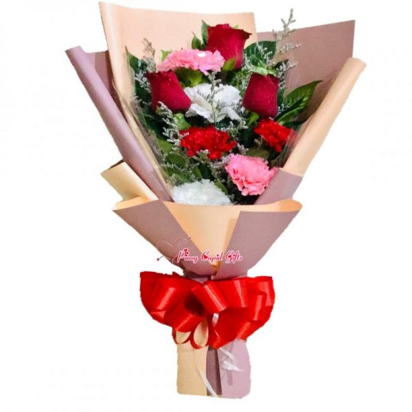 3 Red Roses with Carnations in a Bouquet