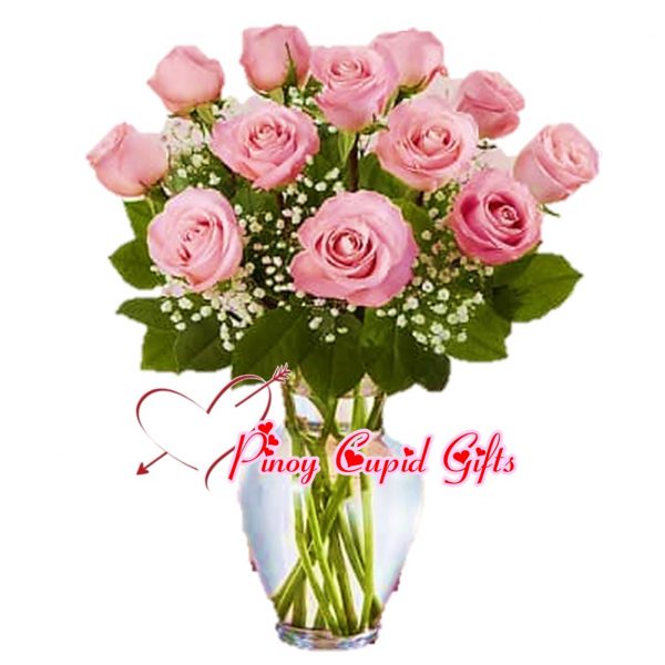 10 Pink Imported Roses in a Vase