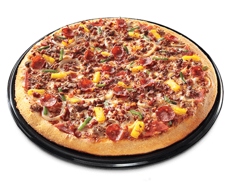 All-In Greenwich Pizza with 6 kinds of meat: Ham, Pepperoni, Bacon, Italian Sausage, Burger Crumbles, and Spanish Sausage