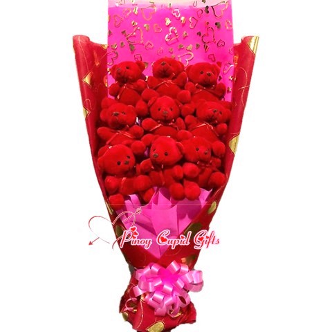 9 Red mini bears in bouquet