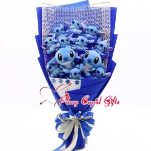9 blue stitch stuffed toys in a bouquet