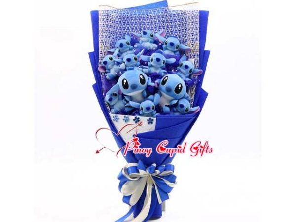 9 blue stitch stuffed toys in a bouquet