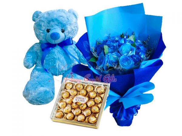 1 Dozen Blue Roses Bouquet, 2 FT Blue Teddy Bear, 24 pcs Ferrero Chocolate