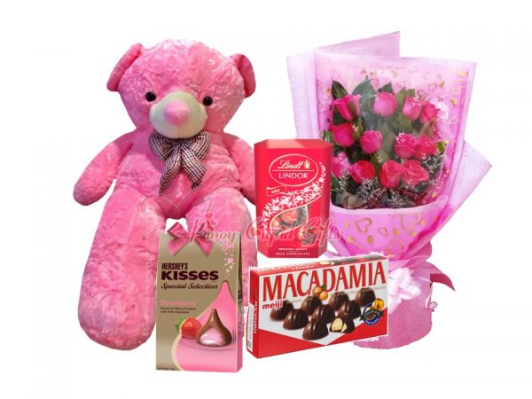 4 FT Pink Life-Size Bear, 1 Dozen Pink Roses Bouquet, Lindt Lindor Milk Chocolate Gift Box-168g Meiji Macadamia Chocolates-144g, Hershey's Kisses Strawberry Filled Milk Chocolate 135g