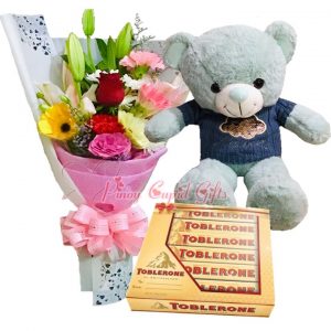 Mixed Flower Bouquet, 22 Inches Teddy Bear, 6x50g Toblerone Gift Pack