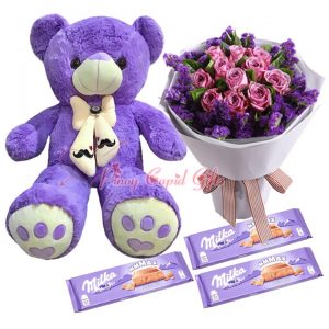 2 FT Purple Teddy Bear, 10 Imported Purple Roses Bouquet, Milka Alpine Milk Chocolate 200g x3