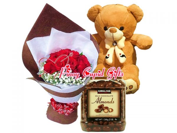 1 Dozen Red Roses Bouquet, 2 FT Brown Teddy Bear, Kirkland Almonds Chocolate (1.36kg)