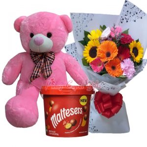 3 FT Pink Teddy Bear, Mixed Flowers Bouquet, Maltesers Bucket 465g