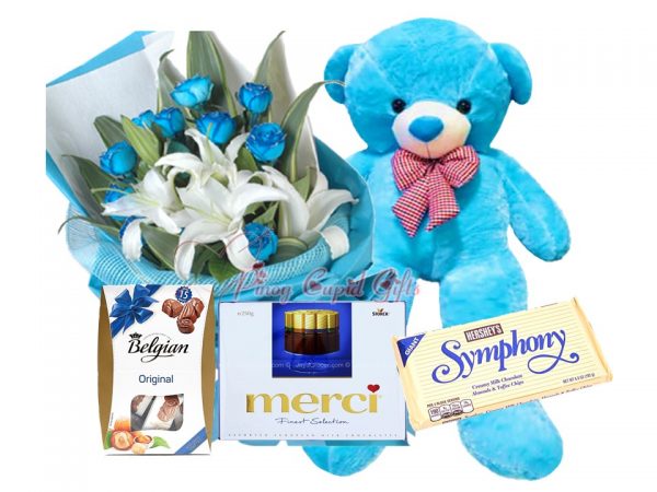 4 FT Blue Life-Size Bear, 1 Dozen Blue Roses + Stargazers, Belgian Chocolate, Merci Chocolate, Hershey's Symphony Bar