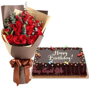 2 Dozen Red Roses & 8x12 Chocolate Dedication Cake