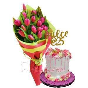 15 tulips and special customizable birthday cake