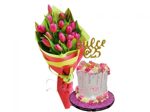 15 tulips and special customizable birthday cake