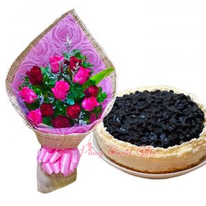 1 Dozen Mixed Roses Bouquet & Blueberry Cheesecake by Purple Oven