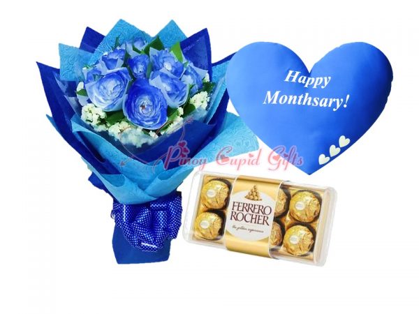 1 Dozen Blue Roses Bouquet, 8pcs ferrero chocolate Box, Coated Almond 300g, Blue “Happy Monthsary” Pillow