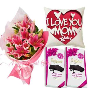 12 pcs Stargazer Lilies Bouquet, Belgian No Sugar Added Dark Chocolate, “I Love You Mom” pillow